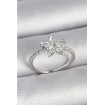 Pirinç Gümüş Renk Zirkon Taşlı Yıldız Model Ayarlanabilir Kadın Yüzük