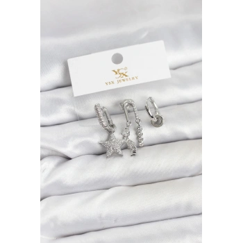 Pirinç Gümüş Renk Zirkon Taşlı Yıldız Vintage Model YSX Trio Küpe Seti