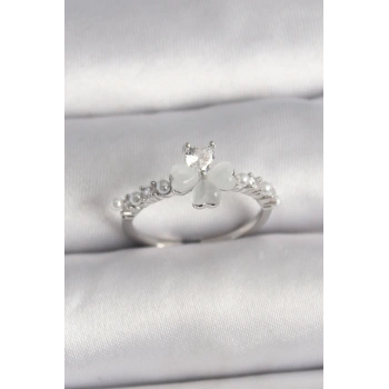 Pirinç Gümüş Renk Zirkon Taşlı Yonca Model İnci Detay Ayarlanabilir Yüzük