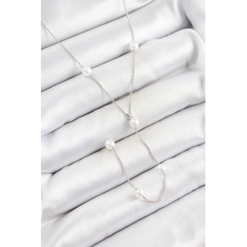 Pirinç İnci Figürlü Y Model Gümüş Renk Kadın Kolye