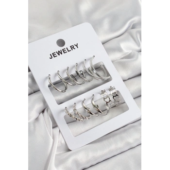 Pirinç Karışık Halka Model Gümüş Renk 6 Çift Kadın Küpe Set
