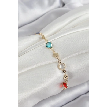 Pirinç Karışık Renk Zirkon Taşlı Gold Renk Kadın Bileklik