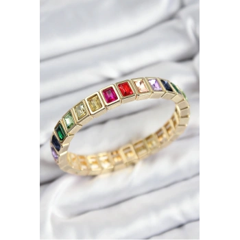 Pirinç Karışık Zirkon Taşlı Dikdörtgen Model Gold Renk Lastikli Kadın Bileklik