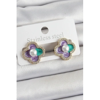 Pirinç Mor Mineli İnci Detaylı Zirkon Taşlı Sanatsal Portre Yonca Model Gold Renk Kadın Küpe