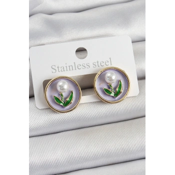 Pirinç Mor Mineli Lale Figürlü Sanatsal Portre Model Gold Renk Kadın Küpe