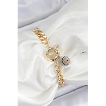 Pirinç Nazar Model Zirkon Taşlı Gold Renk VİP Seri Kadın Bileklik