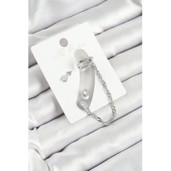 Pirinç Ok Figürlü Zirkon Taşlı Gümüş Renk 3lü Kıkırdak Kadın Küpe Set