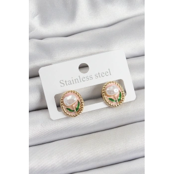 Pirinç Pembe Mineli Lale Figürlü Sanatsal Portre Model Gold Renk Kadın Küpe