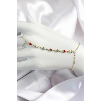 Pirinç Renkli Kalpli Zirkon Taşlı Y Model Gold Renk Kadın Şahmeran