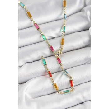 Pirinç Renkli Zirkon Taşlı Dikdörtgen Model Gold Renk Kadın Y Kolye