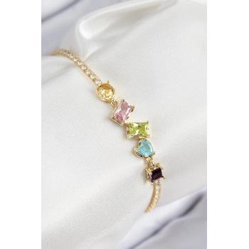 Pirinç Renkli Zirkon Taşlı Geometrik Model Gold Renk Kadın Bileklik