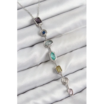 Pirinç Renkli Zirkon Taşlı Model Gümüş Renk 7 Element Kadın Y Kolye
