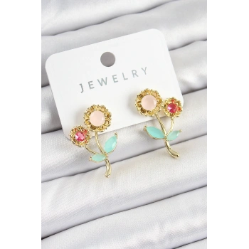 Pirinç Renkli Zirkon Taşlı Papatya Model Gold Renk Kadın Küpe