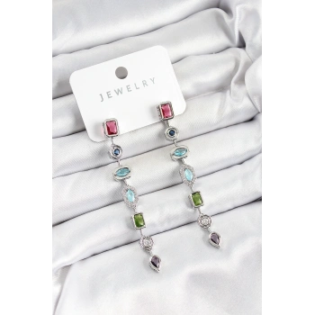 Pirinç Renkli Zirkon Taşlı Sallantılı Model Gümüş Renk Kadın Küpe