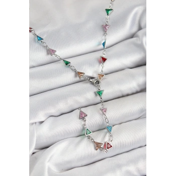 Pirinç Renkli Zirkon Taşlı Üçgen Model Gümüş Renk Kadın Y Kolye