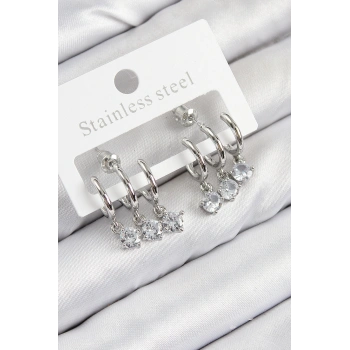 Pirinç Sallantılı Zirkon Taşlı Model Gümüş Renk Kadın Küpe