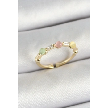 Pirinç Sıralı Boncuk Figürlü Zirkon Taşlı Gold Renk Ayarlanabilir Kadın Yüzük