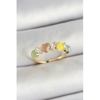 Pirinç Sıralı Kalp Figürlü Zirkon Taşlı Gold Renk Ayarlanabilir Kadın Yüzük