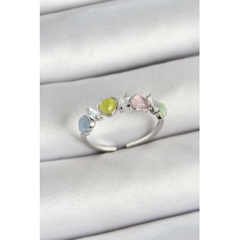 Pirinç Sıralı Kalp Figürlü Zirkon Taşlı Gümüş Renk Ayarlanabilir Kadın Yüzük