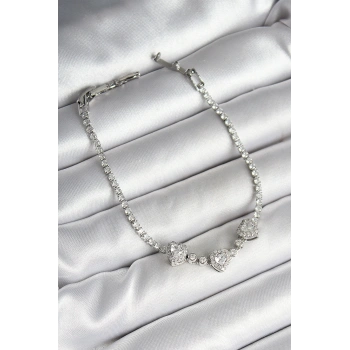 Pirinç Sıralı Kalp Figürlü Zirkon Taşlı Gümüş Renk Kadın Bileklik