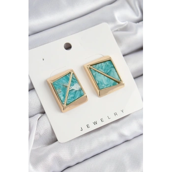 Pirinç Turkuaz Üçgen Kesim Detaylı Kare Model Vintage Gold Renk Kadın Küpe