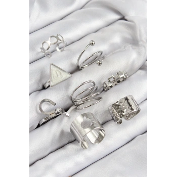 Pirinç Üçgen Model Gümüş Renk Kadın Yüzük Kombin Set