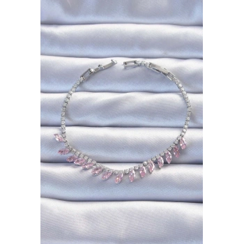 Pirinç Vip Seri Gümüş Renk Pembe Zirkon Taşlı Bileklik