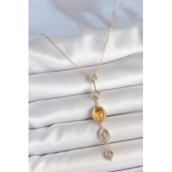 Pirinç Zincir Kehribar Sarı Gold Renk  Zirkon Taşlı Y Kolye