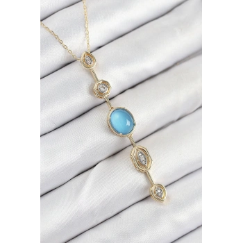 Pirinç Zincir Mavi Gold Renk Zirkon Taşlı Y Kolye