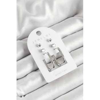 Pirinç Zirkon Taş Ve Dikdörtgen Figürlü Gümüş Renk 3lü Çift Kadın Küpe Set