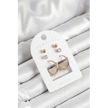 Pirinç Zirkon Taş Ve Halka Figürlü Gold Renk 3lü Çift Kadın Küpe Set