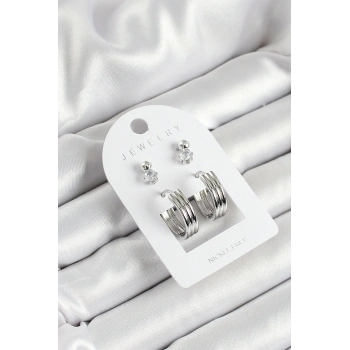 Pirinç Zirkon Taş Ve Halka Figürlü Gümüş Renk 3lü Çift Kadın Küpe Set