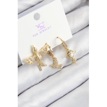 Pirinç Zirkon Taşlı 3lü Kuş Model Gold Renk Kadın Küpe