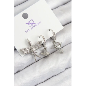 Pirinç Zirkon Taşlı 3lü Kuş Model Gümüş Renk Kadın Küpe