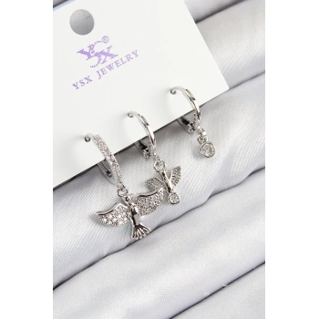 Pirinç Zirkon Taşlı 3lü Kuş Model Gümüş Renk Kadın Küpe