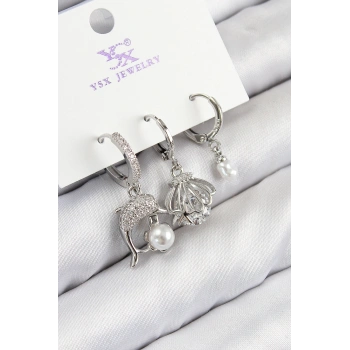 Pirinç Zirkon Taşlı 3lü Yunus Balığı Ve İstiridye Model Gümüş Renk Kadın Küpe