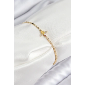 Pirinç Zirkon Taşlı Arı Model Ezme Zincir Gold Renk Kadın Bileklik