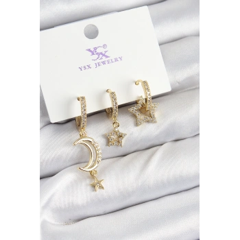 Pirinç Zİrkon Taşlı Ay Ve Hilal Model Gold Renk 3lü Kadın Küpe