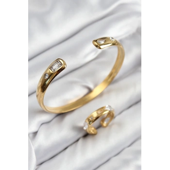 Pirinç Zirkon Taşlı Ayrık Model Gold Renk Bileklik Yüzük Set