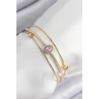 Pirinç Zirkon Taşlı Baget Model Gold Renk Kadın Bileklik