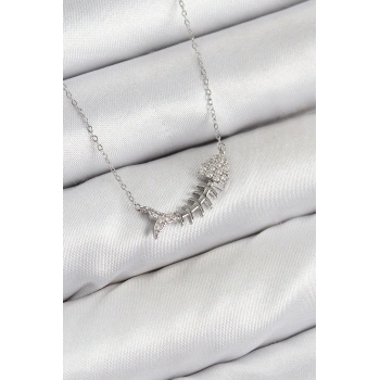 Pirinç Zirkon Taşlı Balık Kılçığı Model Gümüş Renk Kadın Kolye