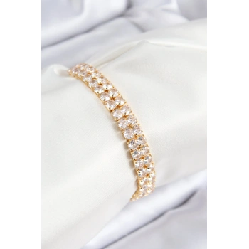 Pirinç Zirkon Taşlı Çift Sıra Kare Model Gold Renk Asansörlü Kadın Bileklik