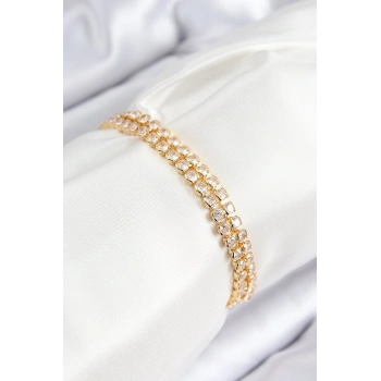 Pirinç Zirkon Taşlı Çift Sıra Model Gold Renk Asansörlü Kadın Bileklik