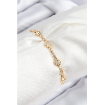 Pirinç Zirkon Taşlı Daire Model Gold Renk Asansörlü Kadın Bileklik