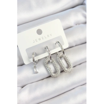 Pirinç Zirkon Taşlı Dikdörtgen Model Gümüş Renk 3lü Çift Kadın Küpe Set