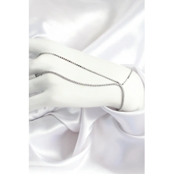 Pirinç Zirkon Taşlı Ezme Zincir Model Gümüş Renk Kadın Şahmeran