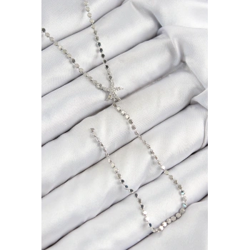 Pirinç Zirkon Taşlı Ezme Zincirli Deniz Yıldızı Model Gümüş Renk Y Kolye