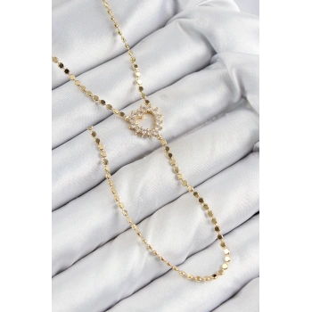 Pirinç Zirkon Taşlı Ezme Zincirli Kalp Model Gold Renk Y Kolye