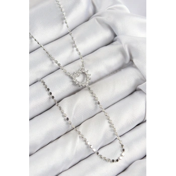 Pirinç Zirkon Taşlı Ezme Zincirli Kalp Model Gümüş Renk Y Kolye