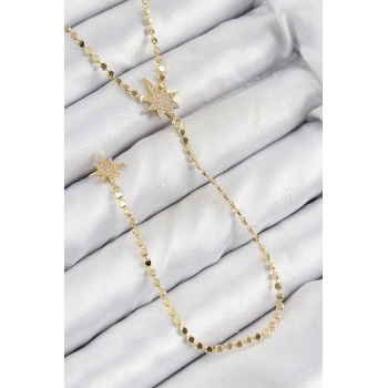 Pirinç Zirkon Taşlı Ezme Zincirli Kutup Yıldızı Model Gold Renk Y Kolye